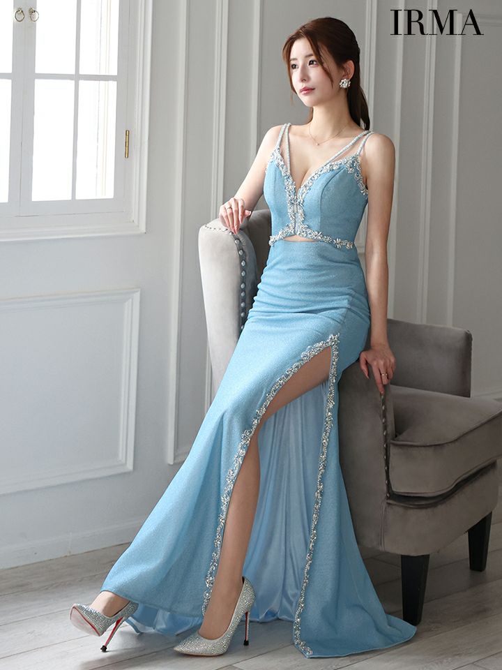 IRMA イルマ ウエストカット/セットアップ風/ビジューライン/ラメニット/スリット入り/タイト ロングドレス ir51877-c