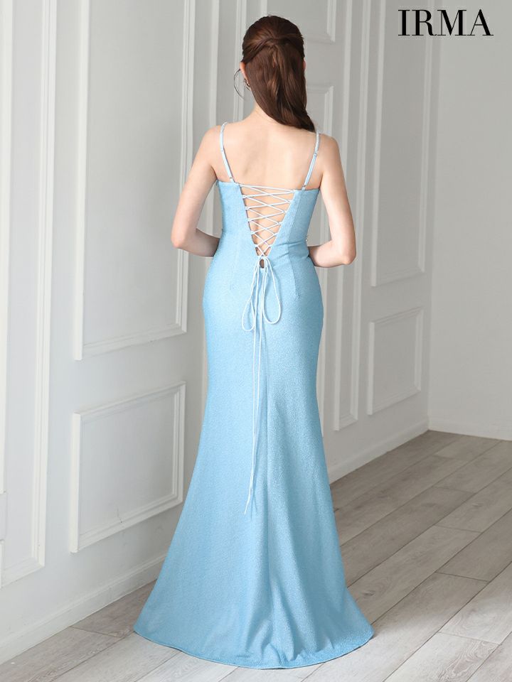 IRMA イルマ ウエストカット/セットアップ風/ビジューライン/ラメニット/スリット入り/タイト ロングドレス ir51877-c