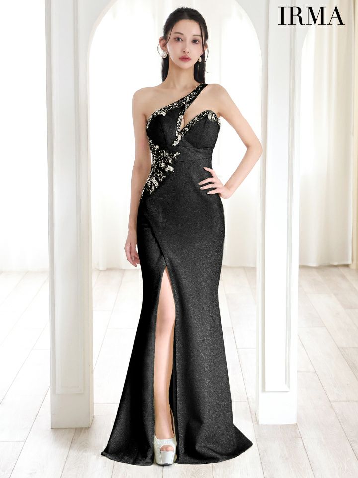 IRMA イルマ ワンショル/アシンメトリー/バストカット/刺繍/スリット入り/タイト ロングドレス ir51878-c