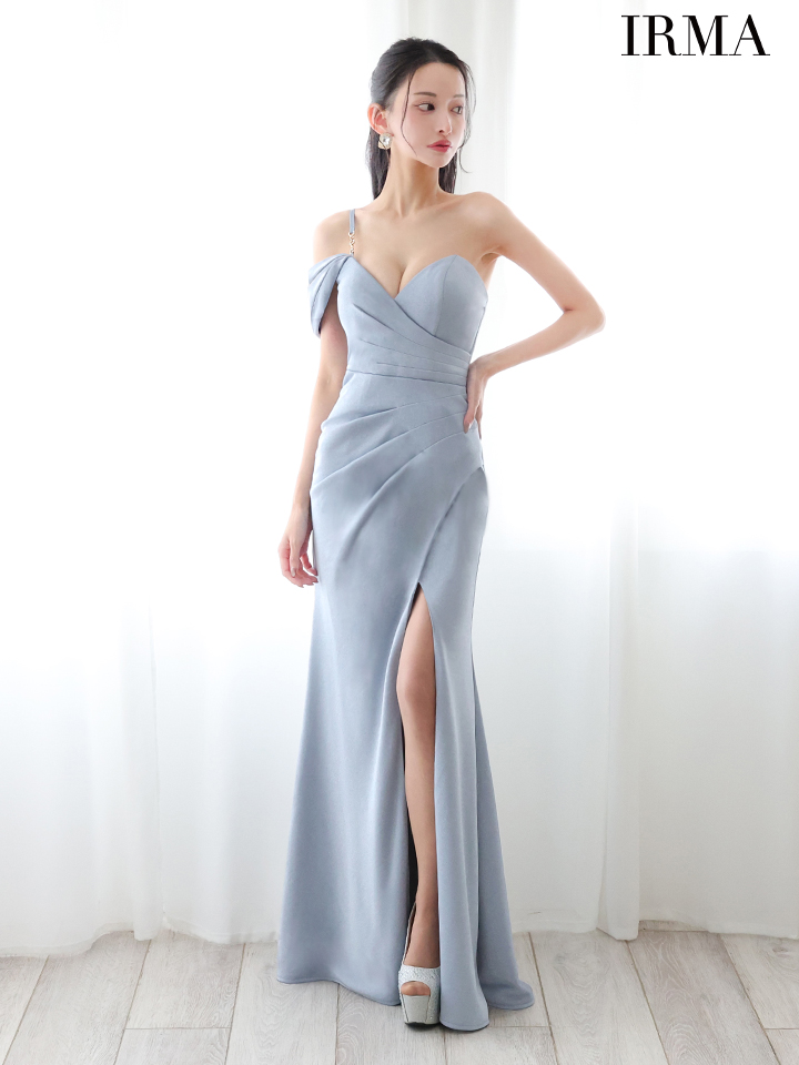 IRMA イルマ ワンオフショル/ワンカラー/シンプル/タックデザイン/スリット入り/タイト ロングドレス ir55084-c