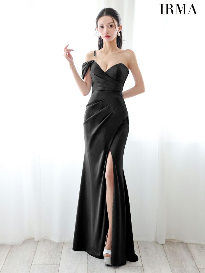 IRMA イルマ ワンオフショル/ワンカラー/シンプル/タックデザイン/スリット入り/タイト ロングドレス ir55084-c
