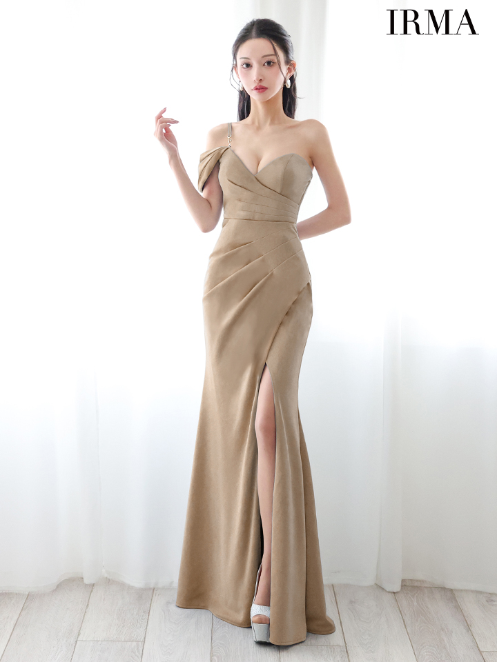 IRMA イルマ ワンオフショル/ワンカラー/シンプル/タックデザイン/スリット入り/タイト ロングドレス ir55084-c