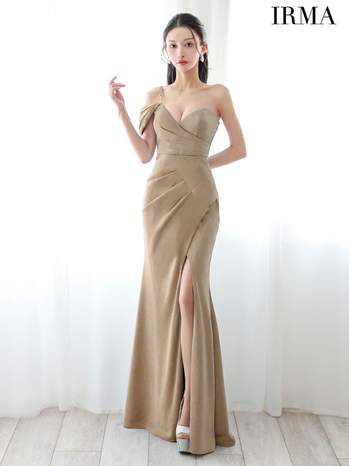 IRMA イルマ ワンオフショル/ワンカラー/シンプル/タックデザイン/スリット入り/タイト ロングドレス ir55084-c