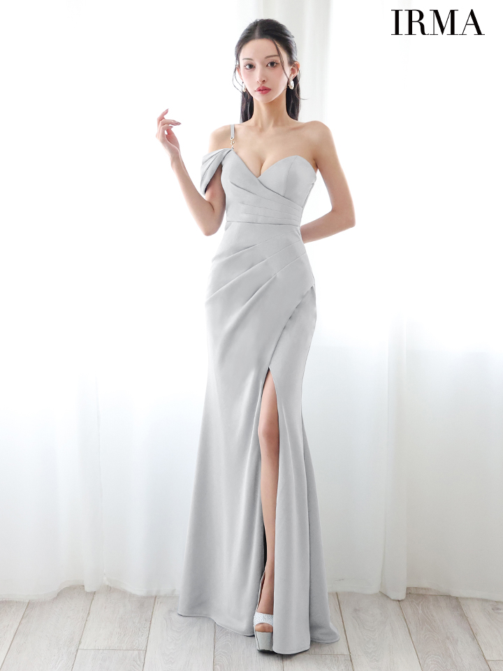 IRMA イルマ ワンオフショル/ワンカラー/シンプル/タックデザイン/スリット入り/タイト ロングドレス ir55084-c