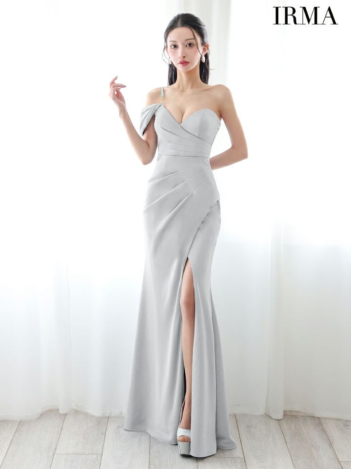 IRMA イルマ ワンオフショル/ワンカラー/シンプル/タックデザイン/スリット入り/タイト ロングドレス ir55084-c