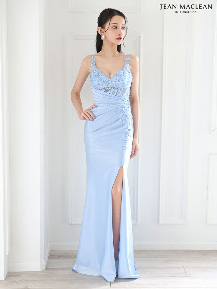 JEAN MACLEAN ジャンマクレーン ワンカラー/立体フラワーモチーフ/アシンメトリー/スリット入り/タイト/ロングドレス ja51881-c