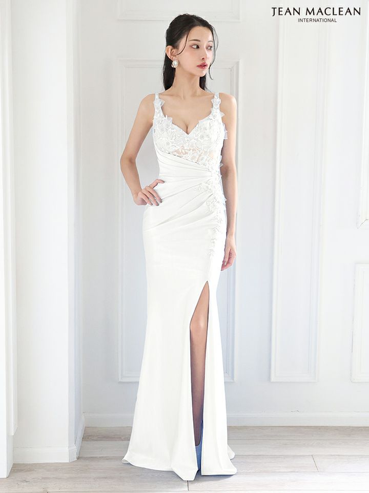 JEAN MACLEAN ジャンマクレーン ワンカラー/立体フラワーモチーフ/アシンメトリー/スリット入り/タイト/ロングドレス ja51881-c