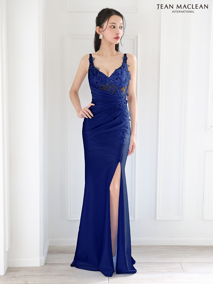 JEAN MACLEAN ジャンマクレーン ワンカラー/立体フラワーモチーフ/アシンメトリー/スリット入り/タイト/ロングドレス ja51881-c