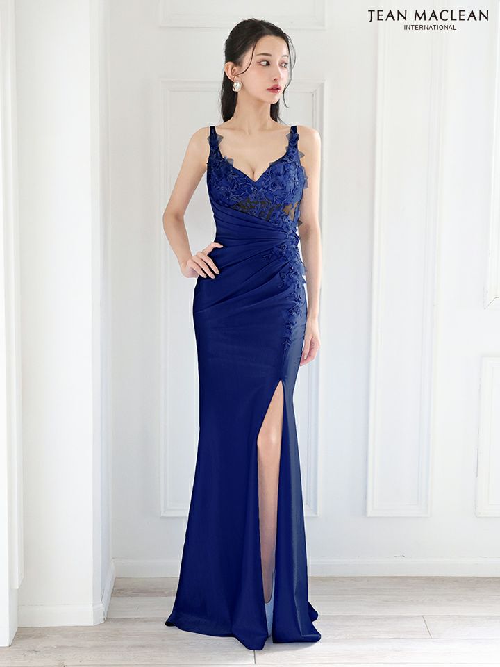 JEAN MACLEAN ジャンマクレーン ワンカラー/立体フラワーモチーフ/アシンメトリー/スリット入り/タイト/ロングドレス ja51881-c