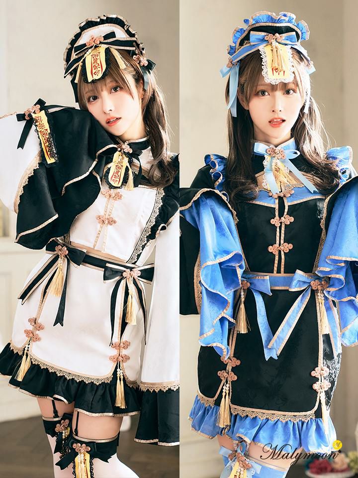 【7点セット】Malymoon マリームーン フハニーリボンロリータキョンシー [ブルー/ホワイト] mlcs2510290