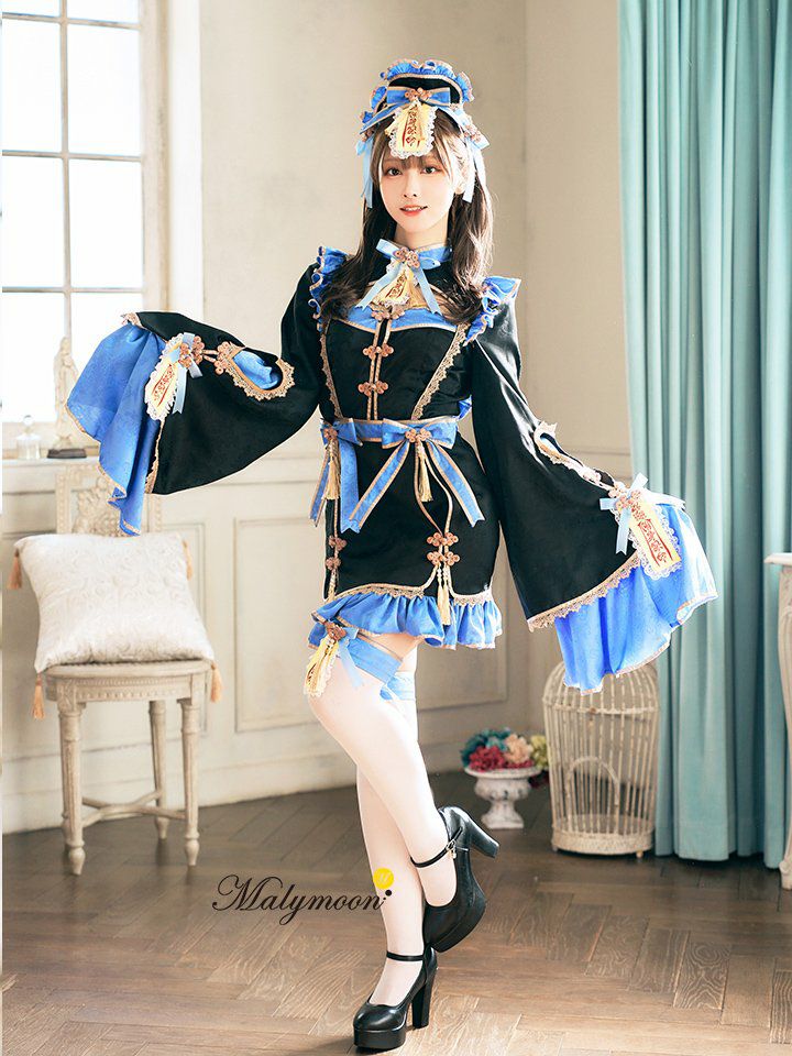 【7点セット】Malymoon マリームーン フハニーリボンロリータキョンシー [ブルー/ホワイト] mlcs2510290