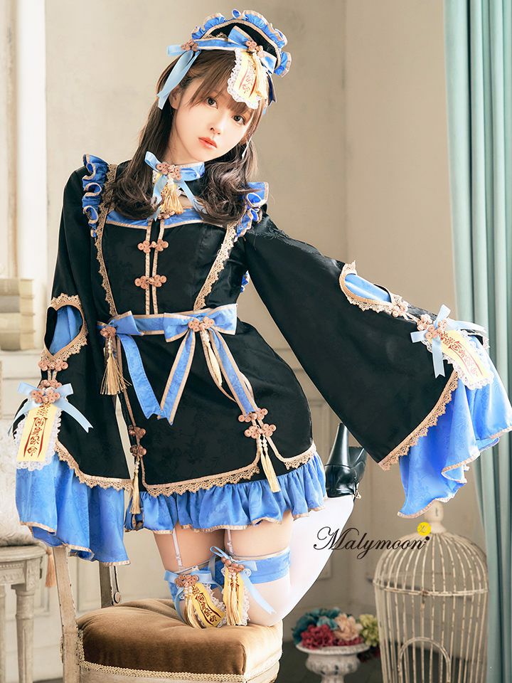 【7点セット】Malymoon マリームーン フハニーリボンロリータキョンシー [ブルー/ホワイト] mlcs2510290