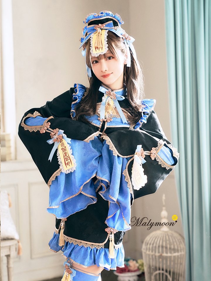 【7点セット】Malymoon マリームーン フハニーリボンロリータキョンシー [ブルー/ホワイト] mlcs2510290