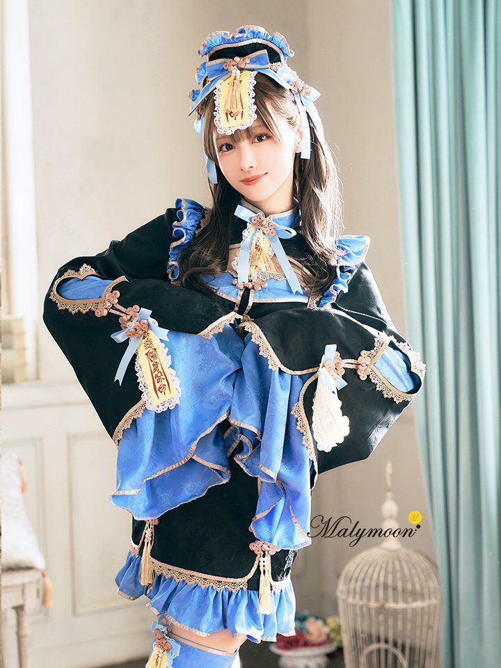 【7点セット】Malymoon マリームーン フハニーリボンロリータキョンシー [ブルー/ホワイト] mlcs2510290