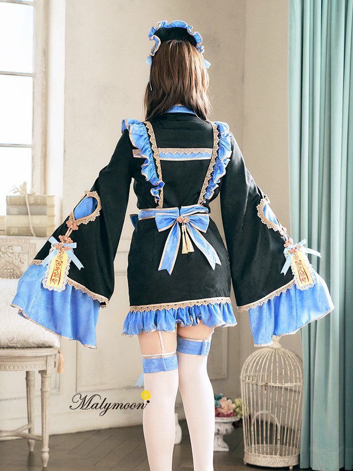 【7点セット】Malymoon マリームーン フハニーリボンロリータキョンシー [ブルー/ホワイト] mlcs2510290