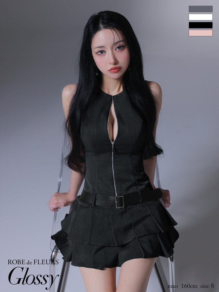 Glossy ローブドフルールグロッシー ベルト付きノースリーブセンタージップフレアミニキャバドレス gl4307