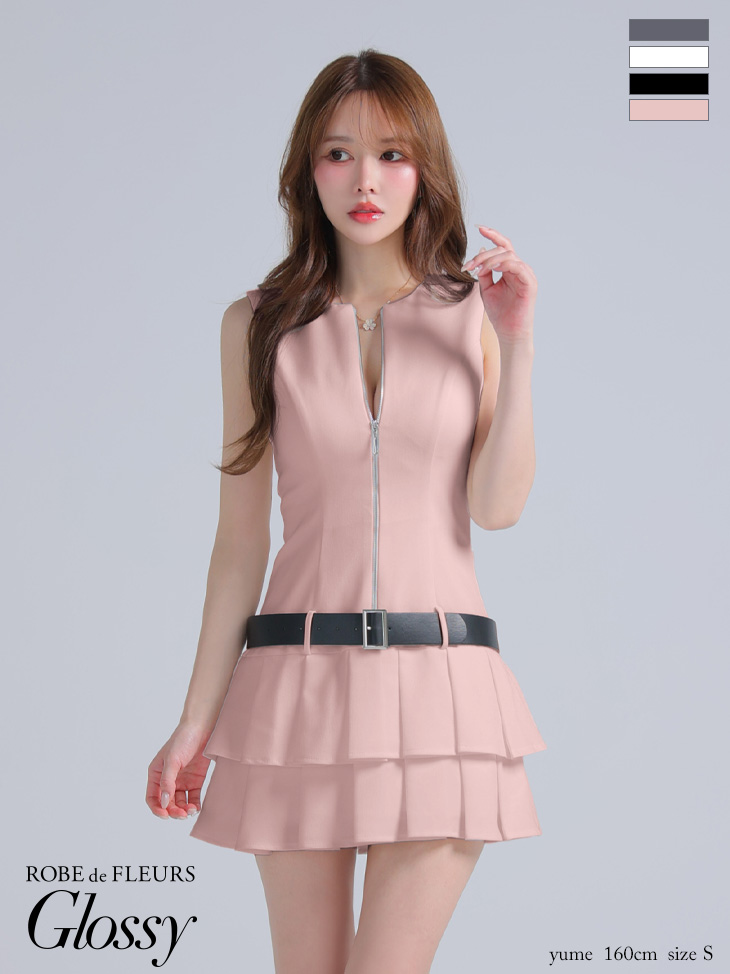 Glossy ローブドフルールグロッシー ベルト付きノースリーブセンタージップフレアミニキャバドレス gl4307