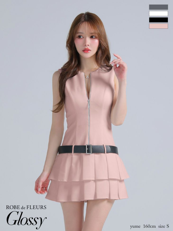 Glossy ローブドフルールグロッシー ベルト付きノースリーブセンタージップフレアミニキャバドレス gl4307