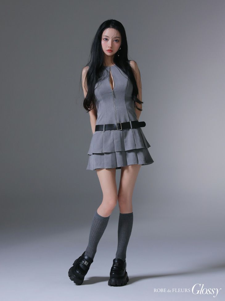 Glossy ローブドフルールグロッシー ベルト付きノースリーブセンタージップフレアミニキャバドレス gl4307