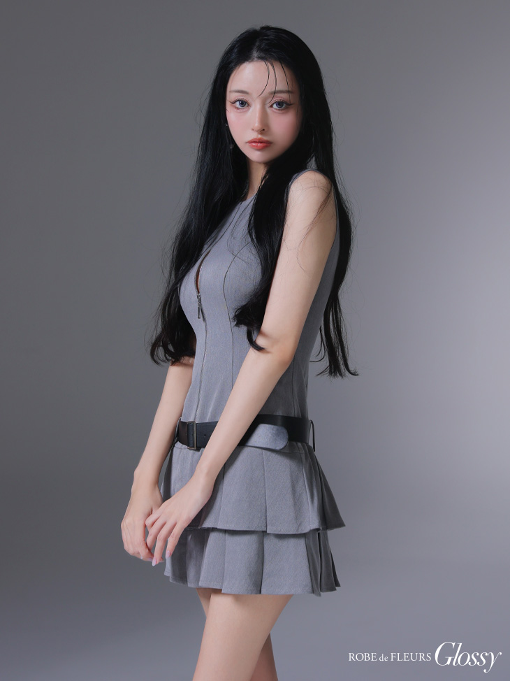 Glossy ローブドフルールグロッシー ベルト付きノースリーブセンタージップフレアミニキャバドレス gl4307