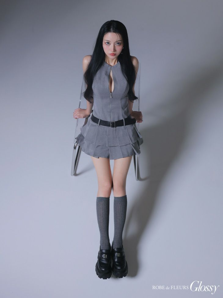 Glossy ローブドフルールグロッシー ベルト付きノースリーブセンタージップフレアミニキャバドレス gl4307