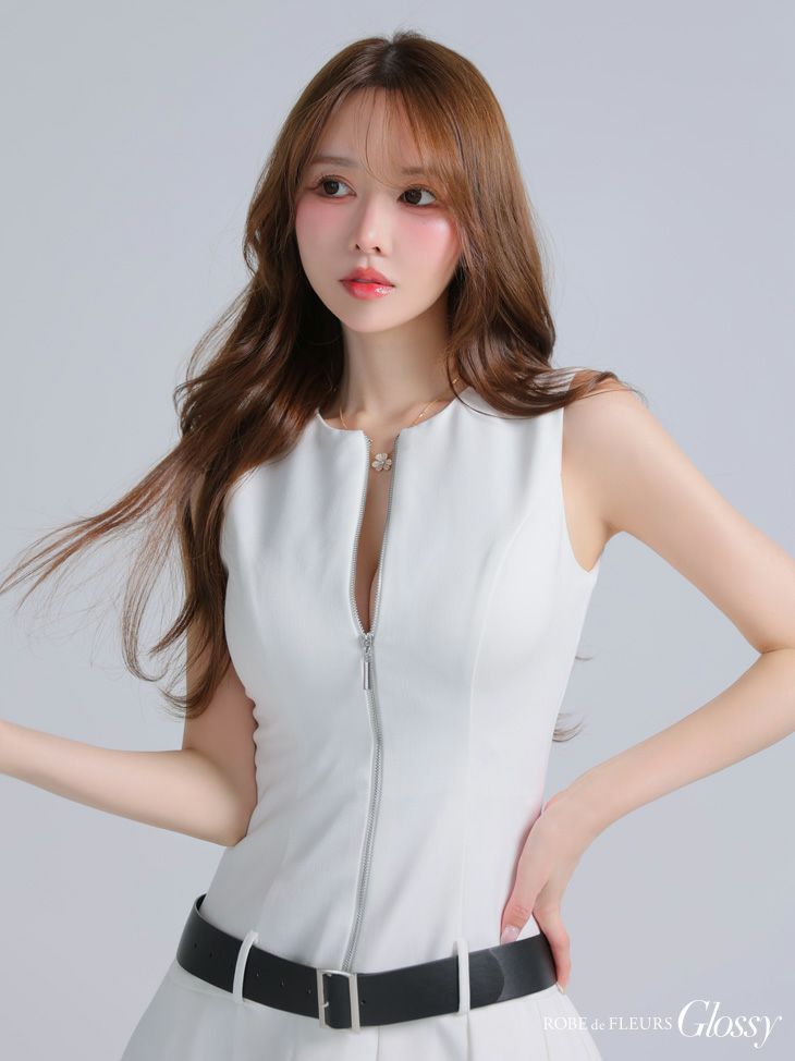 Glossy ローブドフルールグロッシー ベルト付きノースリーブセンタージップフレアミニキャバドレス gl4307