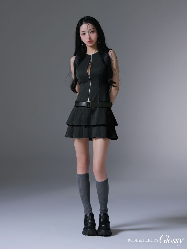 Glossy ローブドフルールグロッシー ベルト付きノースリーブセンタージップフレアミニキャバドレス gl4307