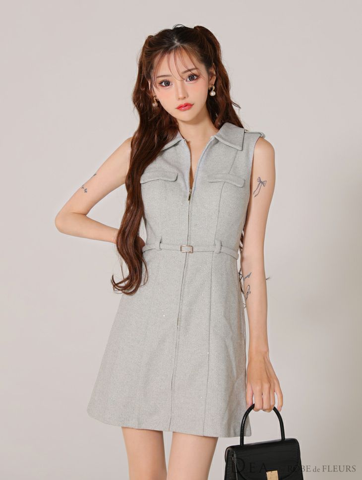 DEA. ディア バイ ローブドフルール 襟付きバストジップノースリーブベルトデザインミニキャバドレス de3259