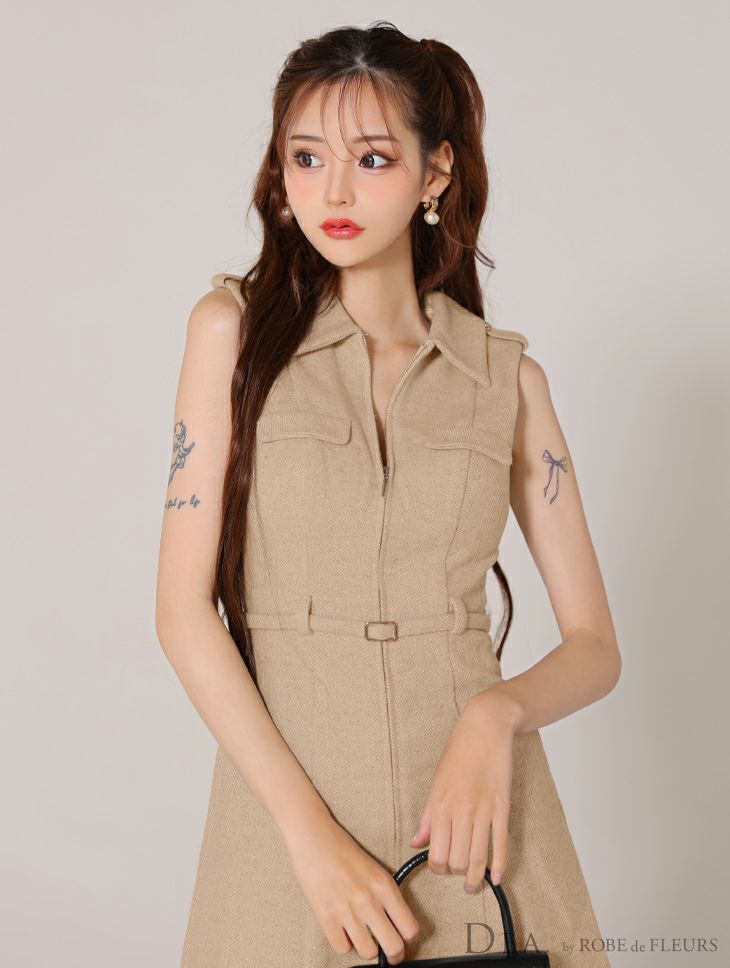 DEA. ディア バイ ローブドフルール 襟付きバストジップノースリーブベルトデザインミニキャバドレス de3259