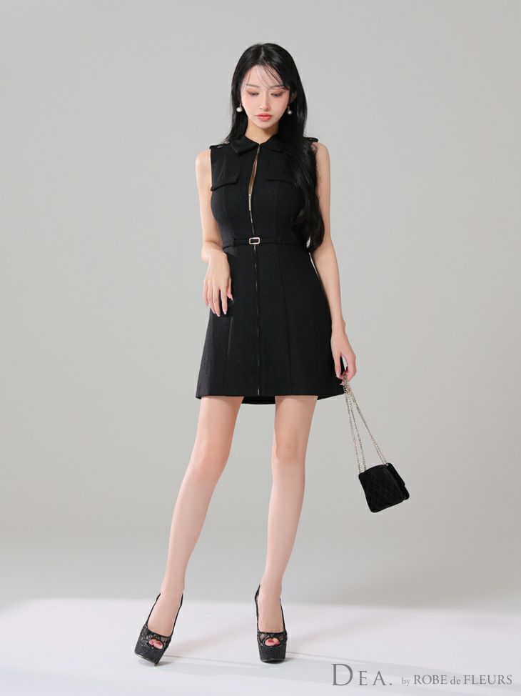 DEA. ディア バイ ローブドフルール 襟付きバストジップノースリーブベルトデザインミニキャバドレス de3259