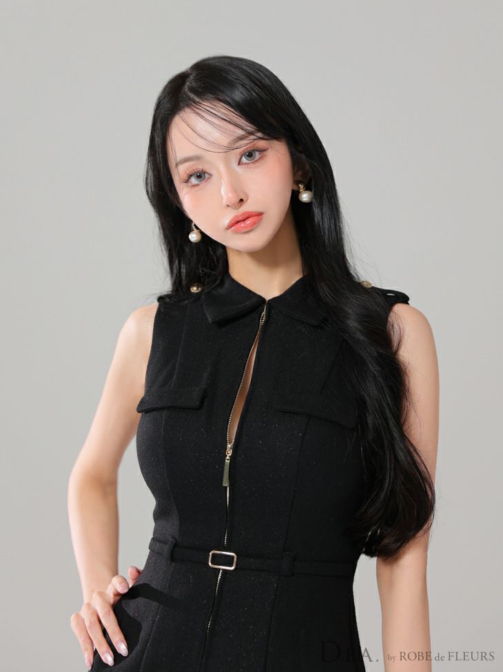 DEA. ディア バイ ローブドフルール 襟付きバストジップノースリーブベルトデザインミニキャバドレス de3259