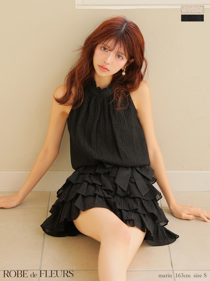 ROBE de FLEURS ローブドフルール ドットオーガンジーウエストリボンティアードフレアミニキャバドレス fm3396-c