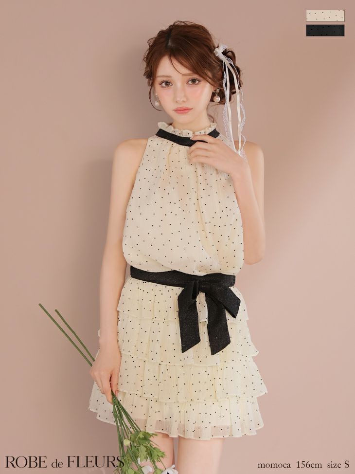 ROBE de FLEURS ローブドフルール ドットオーガンジーウエストリボンティアードフレアミニキャバドレス fm3396-c