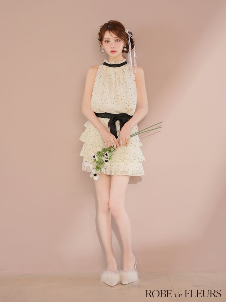 ROBE de FLEURS ローブドフルール ドットオーガンジーウエストリボンティアードフレアミニキャバドレス fm3396-c