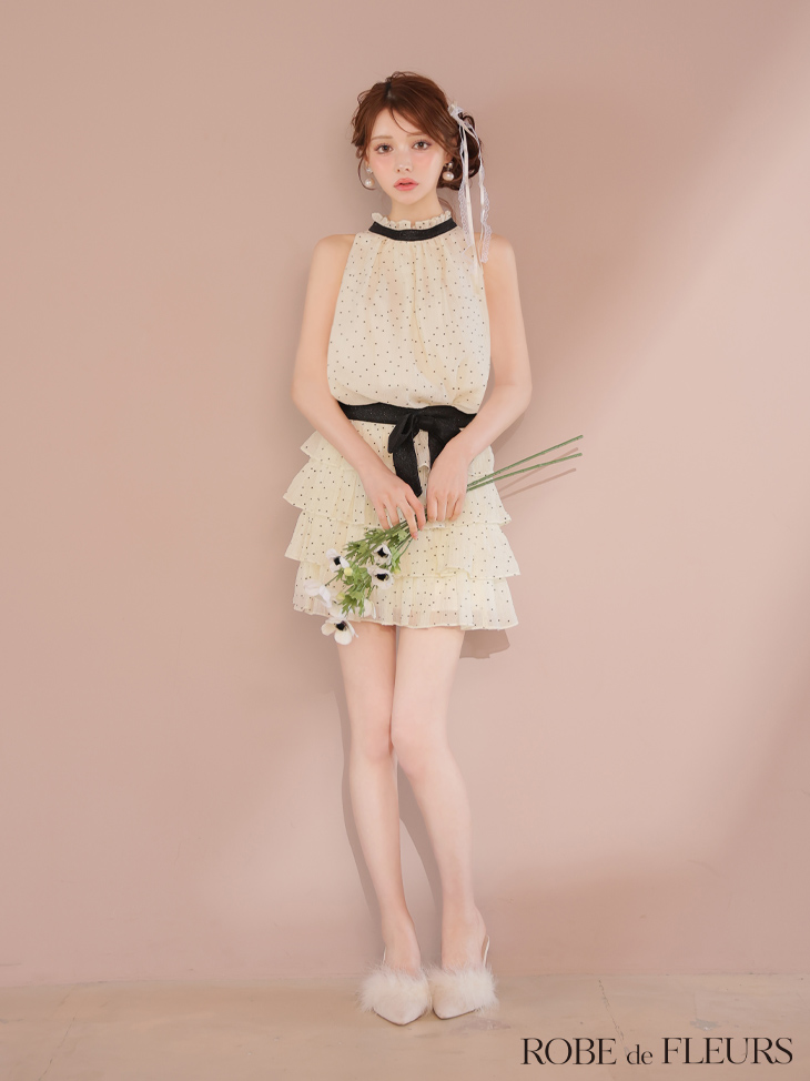 ROBE de FLEURS ローブドフルール ドットオーガンジーウエストリボンティアードフレアミニキャバドレス fm3396-c