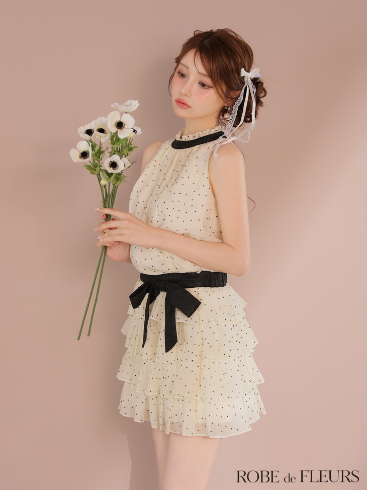 ROBE de FLEURS ローブドフルール ドットオーガンジーウエストリボンティアードフレアミニキャバドレス fm3396-c