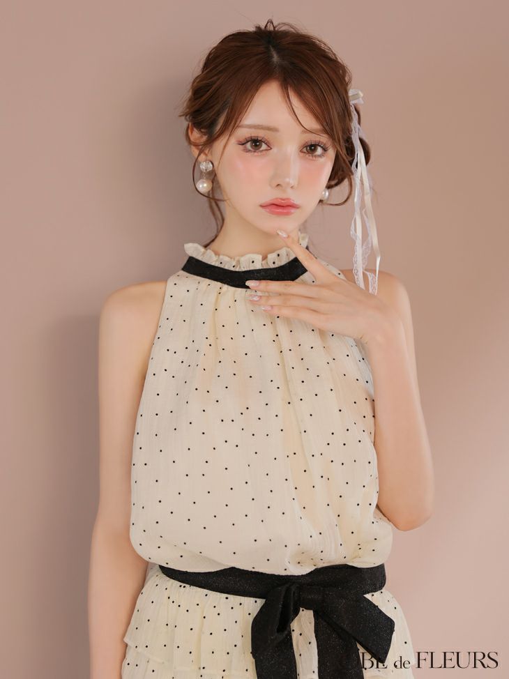 ROBE de FLEURS ローブドフルール ドットオーガンジーウエストリボンティアードフレアミニキャバドレス fm3396-c