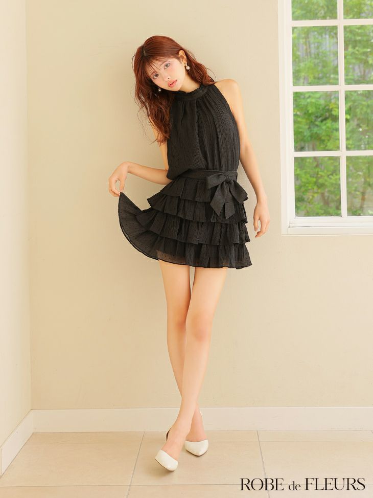 ROBE de FLEURS ローブドフルール ドットオーガンジーウエストリボンティアードフレアミニキャバドレス fm3396-c