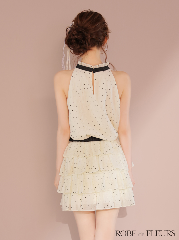 ROBE de FLEURS ローブドフルール ドットオーガンジーウエストリボンティアードフレアミニキャバドレス fm3396-c