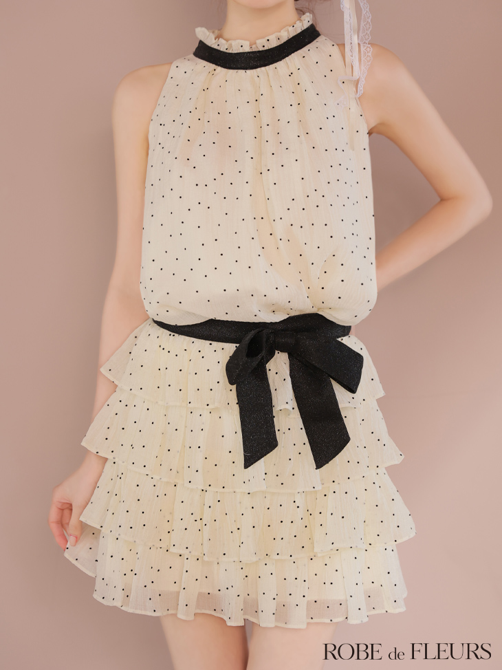 ROBE de FLEURS ローブドフルール ドットオーガンジーウエストリボンティアードフレアミニキャバドレス fm3396-c