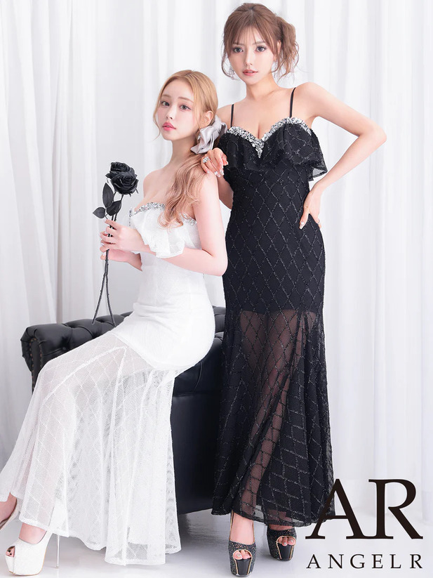 AngelR エンジェルアール バストフリルベアトップメッシュビジュータイトロングドレス ar25848-ks