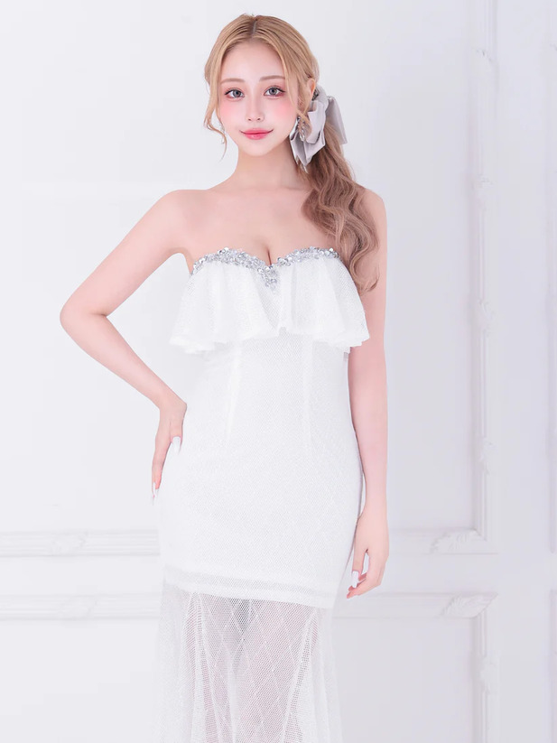 AngelR エンジェルアール バストフリルベアトップメッシュビジュータイトロングドレス ar25848-ks