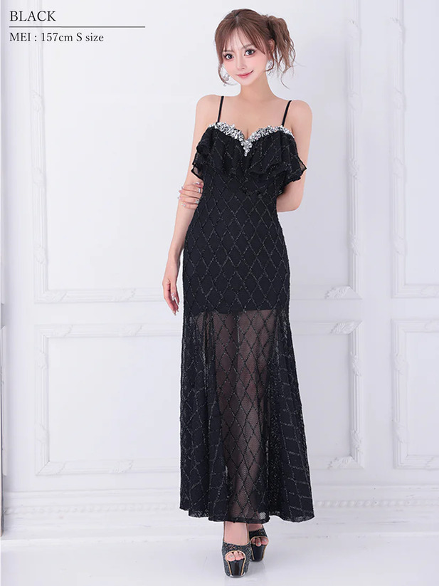 AngelR エンジェルアール バストフリルベアトップメッシュビジュータイトロングドレス ar25848-ks