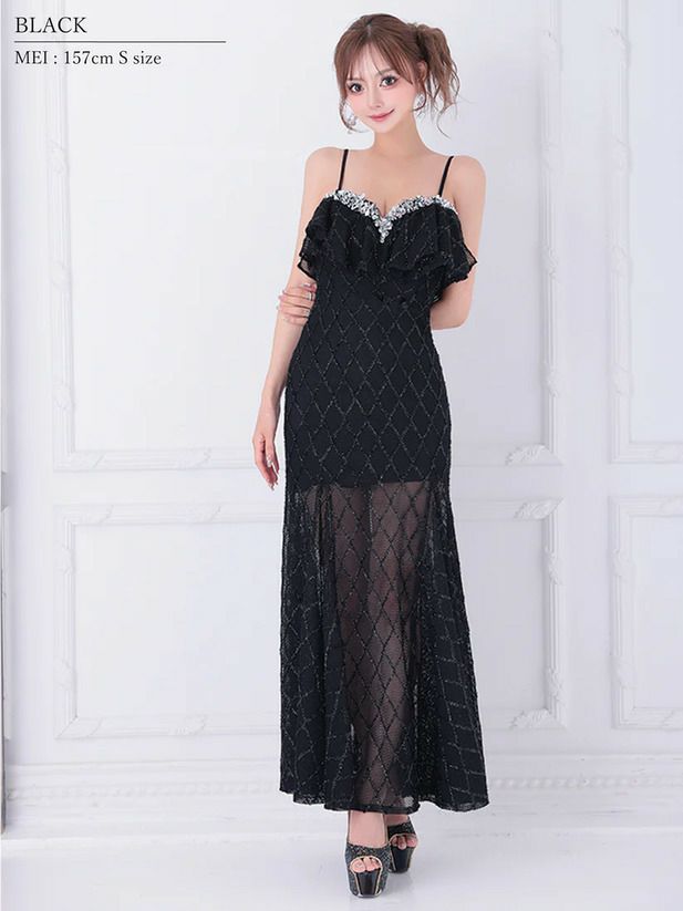 AngelR エンジェルアール バストフリルベアトップメッシュビジュータイトロングドレス ar25848-ks