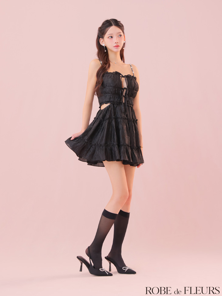 ROBE de FLEURS ローブドフルール シャーリングサテンウエストスリットフレアミニキャバドレス fm3377