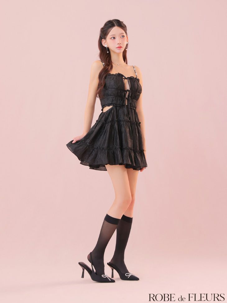 ROBE de FLEURS ローブドフルール シャーリングサテンウエストスリットフレアミニキャバドレス fm3377