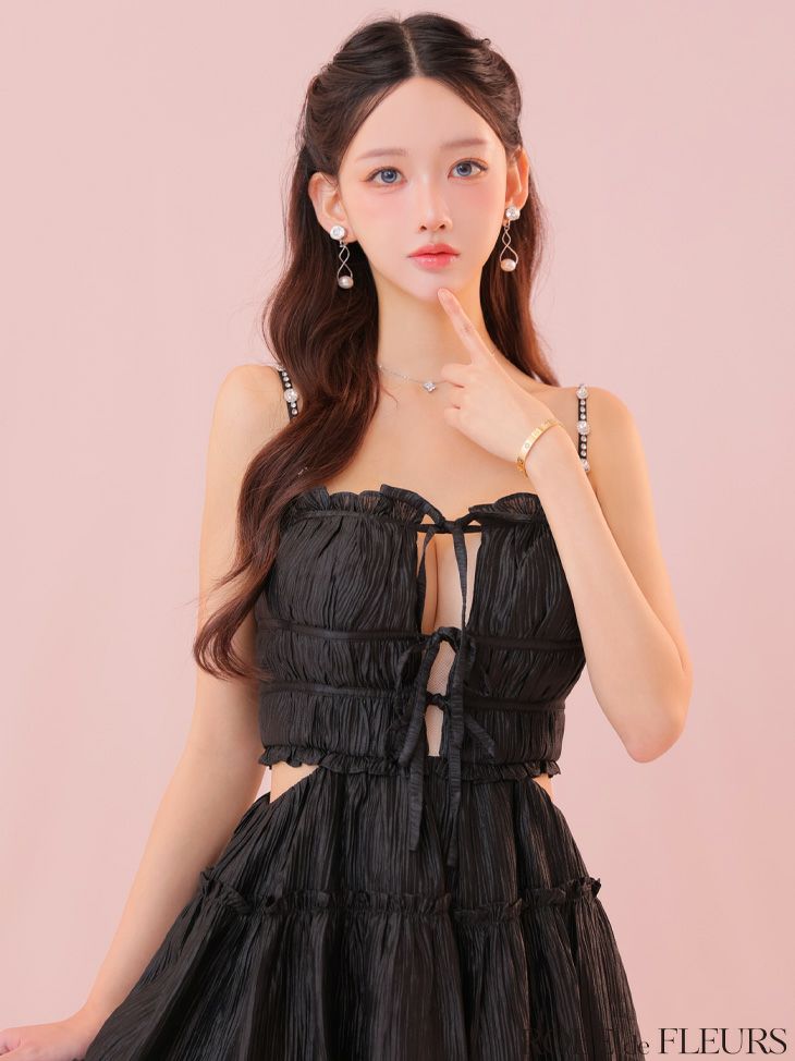 ROBE de FLEURS ローブドフルール シャーリングサテンウエストスリットフレアミニキャバドレス fm3377