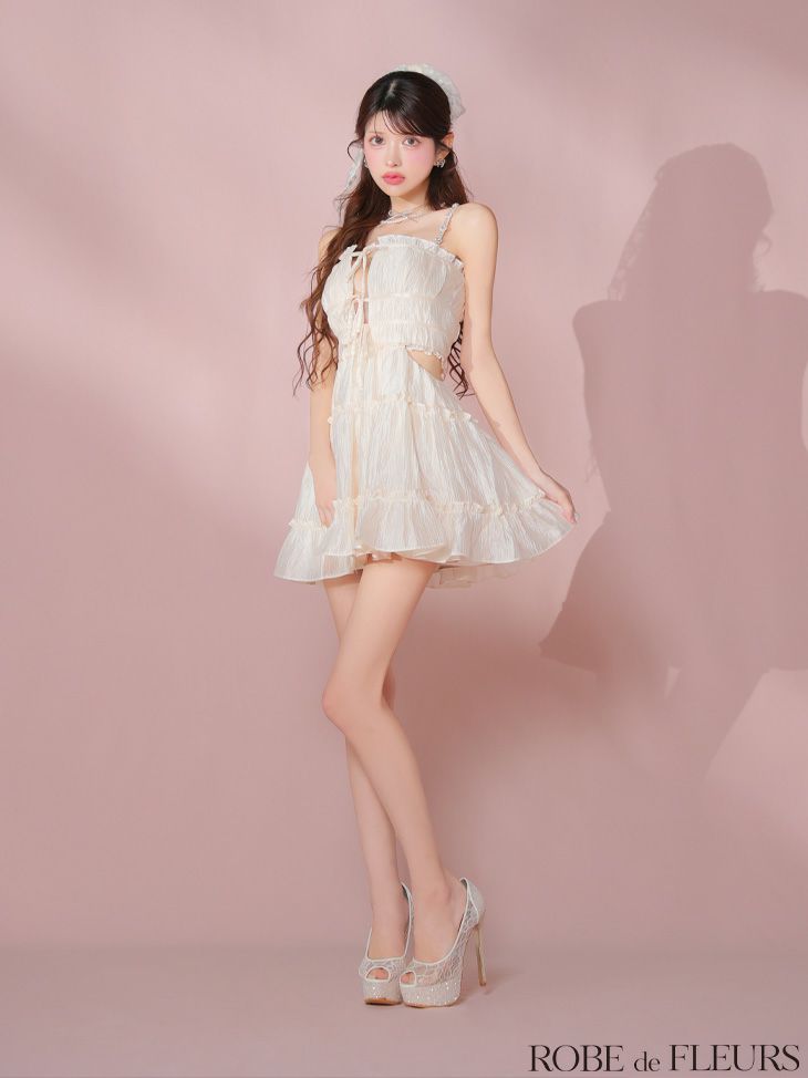 ROBE de FLEURS ローブドフルール シャーリングサテンウエストスリットフレアミニキャバドレス fm3377