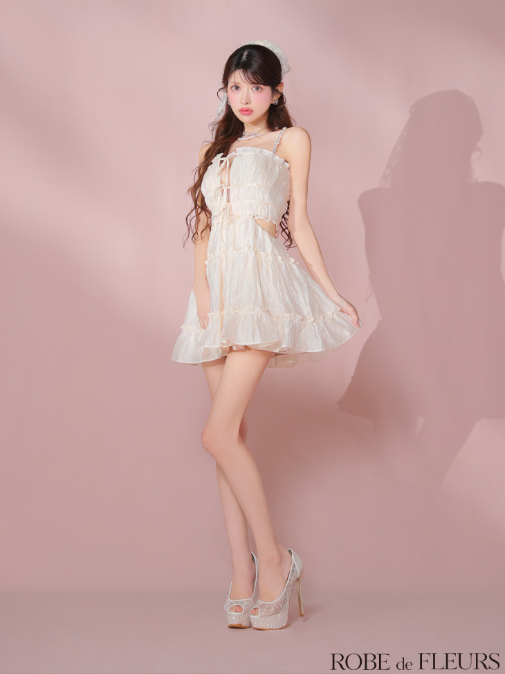 ROBE de FLEURS ローブドフルール シャーリングサテンウエストスリットフレアミニキャバドレス fm3377