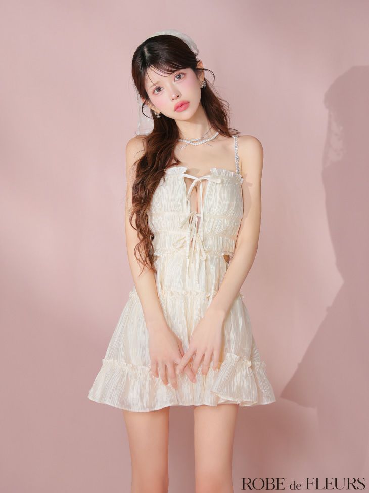 ROBE de FLEURS ローブドフルール シャーリングサテンウエストスリットフレアミニキャバドレス fm3377